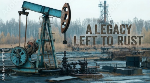 Abandoned oil rig in decay amidst overgrown landscape