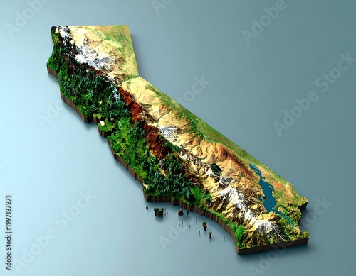 Raised relief map of California, showcasing mountainous terrain, forests, and the coast against a pale blue background