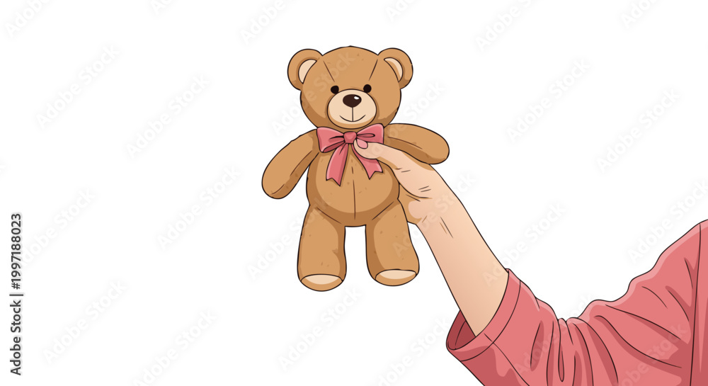 Obraz premium Hand Holding Teddy Bear Toy Cute Plush Doll Vector Illustration in Doodle Style