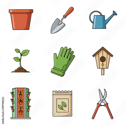 Flat Vector Icons for Home Gardening and Horticulture: Watering Can, Seed Packet, Pruning Shears, and Vertical Garden Tower.