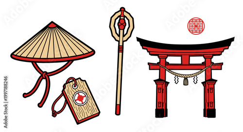 Traditional Japanese icons including torii gate and conical hat