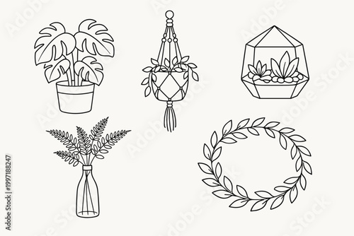 Minimalist Line Art Houseplant Set Featuring Hand-Drawn Monstera, Hanging Macrame Planter, Geometric Terrarium with Succulents, Ferns in a Vase, and a Circular Botanical Leaf Wreath Illustration