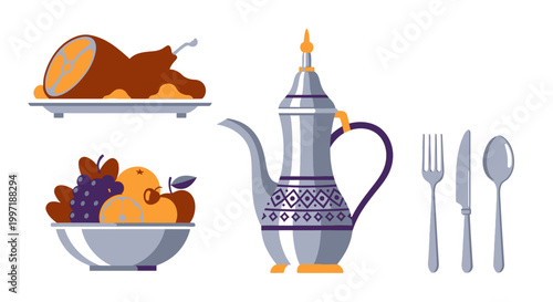 Traditional Middle Eastern dinner icons with dallah and fruit bowl