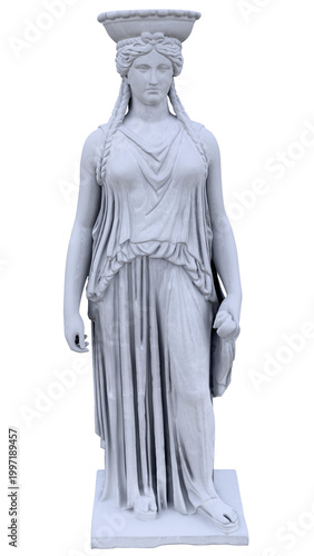 Foto A model of an ancient statue, a full-size replica of the Erechtheion with a caryatid on the Acropolis