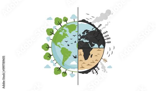 Environmental conservation vs climate change split Earth concept vector illustration
