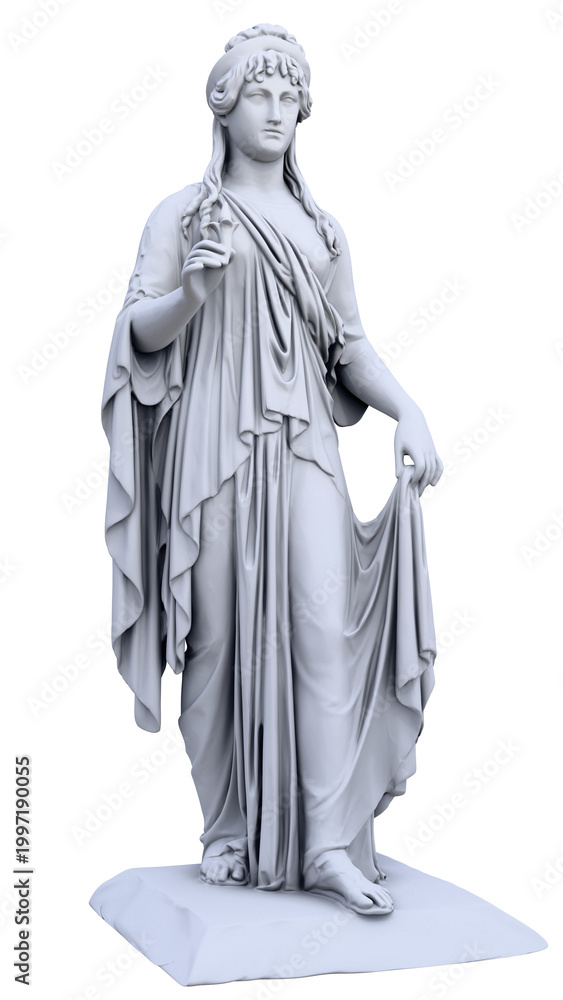 Fototapeta premium A full-size model of an ancient statue of a beautiful girl in a dress holding a candle of hope. The model of the ancient statue is made of plaster or white marble on a transparent background.