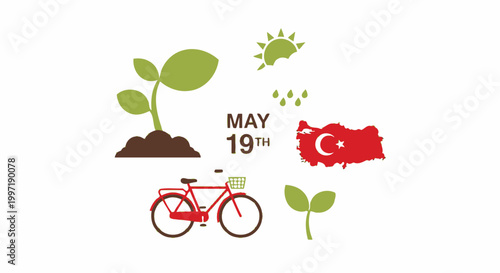 Turkish May 19 holiday icons with map and bicycle