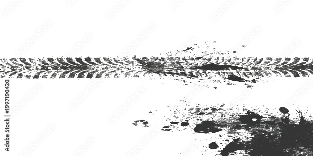 Ταπετσαρία Two distinct tire tracks along with abstract ink splatters create a grunge and industrial aesthetic on a stark white background