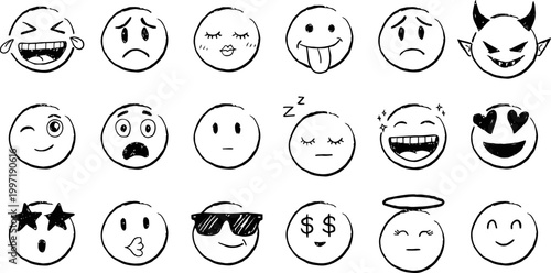 Hand drawn emoji collection isolated on transparent background, sketch faces set showing various emotions expressions feelings reaction icons vector illustration graphic doodle style
