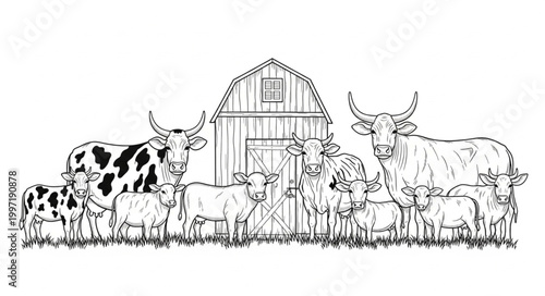 Farm animals including cows and calves standing in front of a barn.