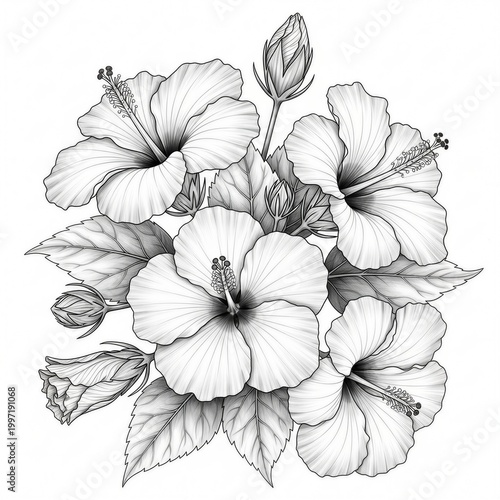 Black and white hibiscus flowers, floral illustration, line art bouquet, tropical blooms