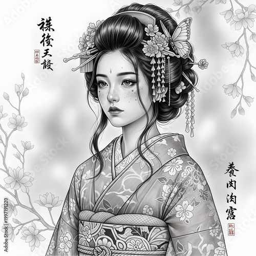 Traditional Japanese kimono woman, Asian female in floral hair ornaments, black and white illustration