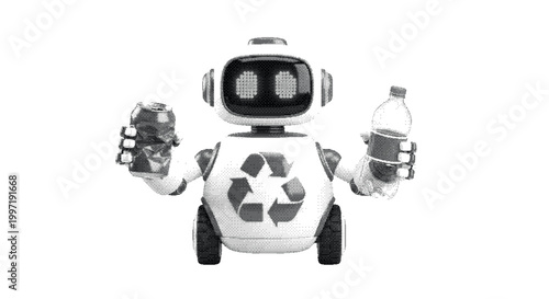 Halftone dot illustration of a friendly recycling robot holding a plastic bottle and aluminum can for environmental sustainability and waste management.