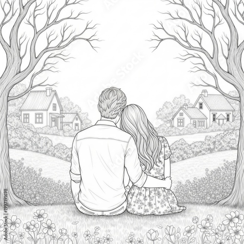 Loving couple, romantic scenery, countryside landscape, black and white illustration