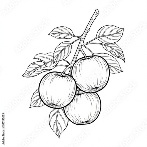 Illustration of apples on a branch, line drawing, fruit, botanical, black and white