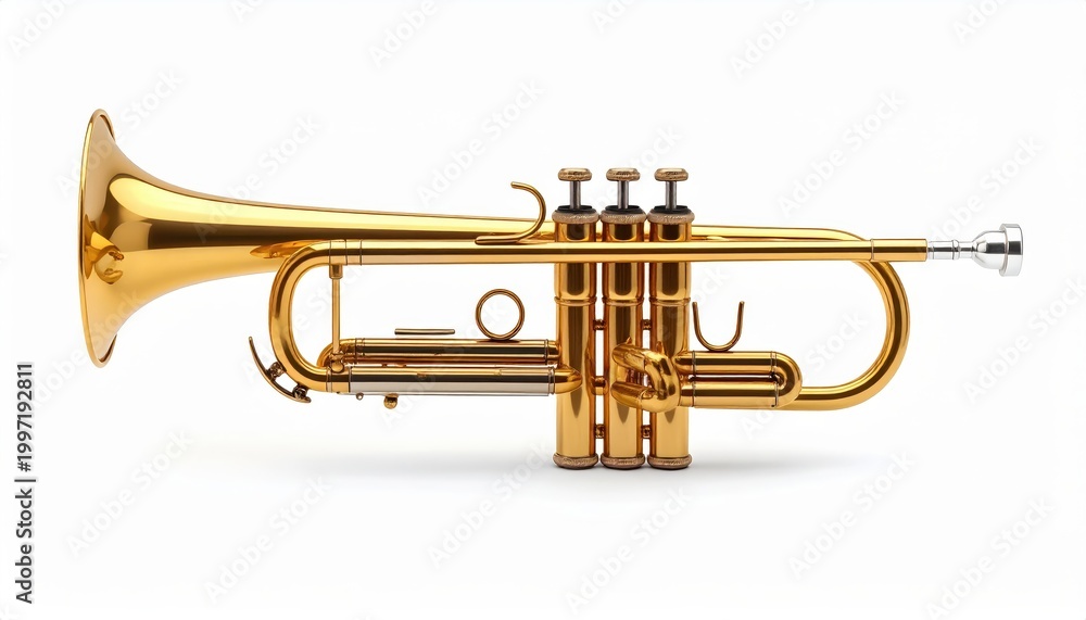 Obraz premium High-quality image of a polished brass trumpet showcasing intricate details against a white backdrop.