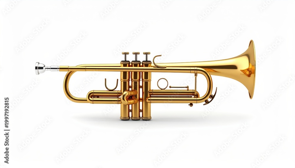 Obraz premium High-quality image of a brass trumpet showcasing intricate details, perfect for music-related projects or educational materials.