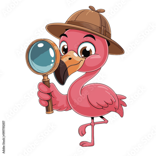 A cute cartoon flamingo wearing a safari hat holding a magnifying glass