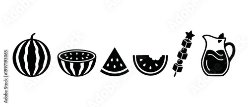 Watermelon fruit icon set, summer food collection, black vector silhouettes of whole, sliced, skewered melon and refreshing juice pitcher for menu design, website graphics and healthy eating concepts