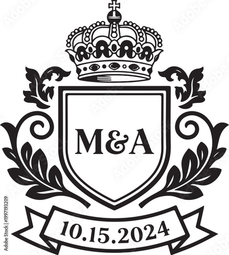 Wedding crest, monogram, shield, royal crown, M&A, date, 10.15.2024, vector