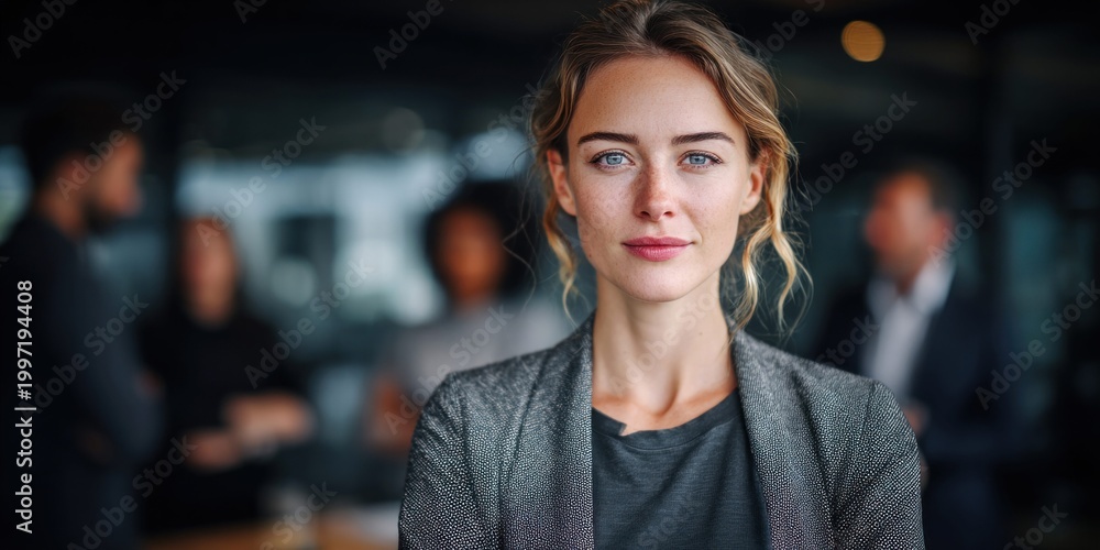 Fototapeta premium Confident young businesswoman with blue eyes looking directly at the camera in a modern office setting