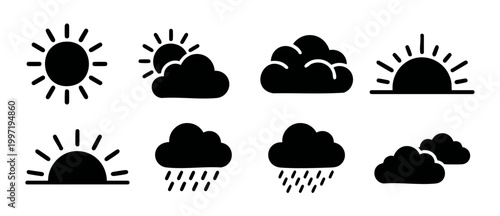 Weather Icons Set Black Silhouette Collection for Forecasting Application and Digital UI Design Elements Featuring Sun Cloud Rain and Sunrise Symbol Vector Graphics for Mobile App Interfaces and Web T