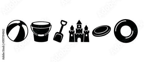 Summer Beach Toys Icon Set, Sandcastle and Activity Equipment, Vector Silhouette Collection for Vacation Design Projects, Black and White Flat Symbols for Travel, Playtime, Leisure, and Seaside Recrea