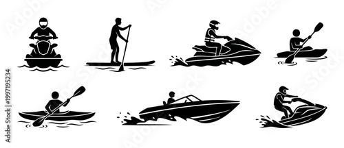 Water sports icons set, summer activity silhouettes, jet ski and kayaking sport vector collection. Isolated black watercraft graphics, paddle boarding and speed boat recreation design elements for web