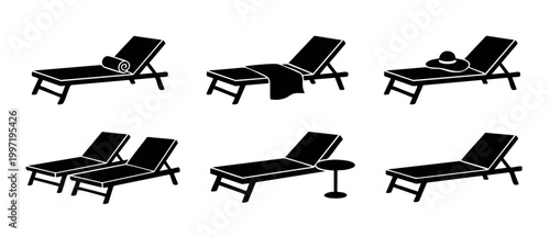 Sunbed lounge chair icon set, beach deck chair vector collection for vacation travel and resort design, summer holiday pool furniture silhouette symbols for websites and mobile applications illustrati