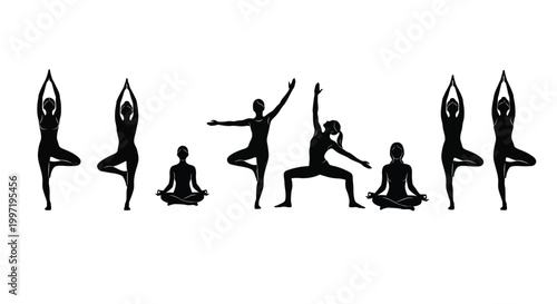 International yoga day diverse yoga poses silhouette for wellness and harmony