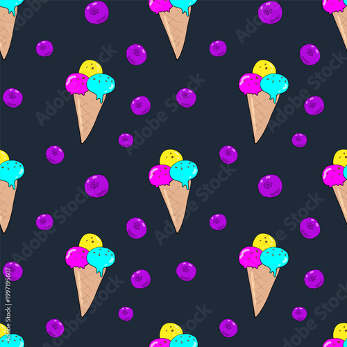 Summer vector pattern with bright ice cream in a waffle cone and blueberries
