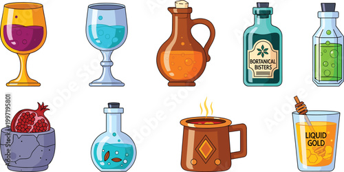 Potion and Elixir Vector Set Featuring Glass Bottles, Goblets, Liquid Gold, Herbal Remedies, and Mystical Drink Designs for Fantasy and Apothecary Illustrations