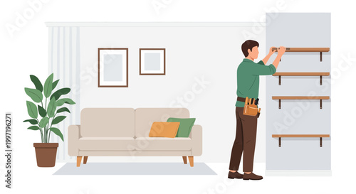 Man Installing Shelves in Living Room