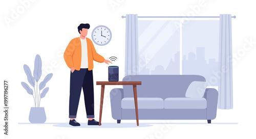 Man interacting with smart speaker in modern living room, home automation concept