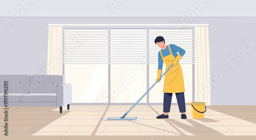 Man mopping floor in sunny living room with sofa and blinds