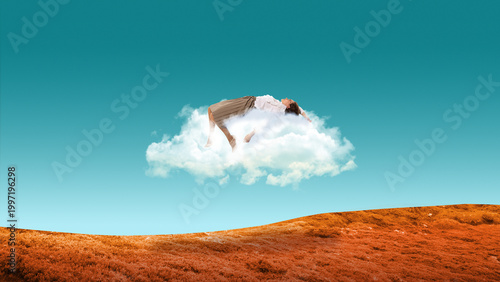 Tableau sur toile Woman floating on soft cloud above minimal landscape in surreal composition