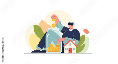 Man saving money in jar for house purchase, financial planning, investment concept