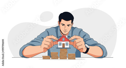 Man stacking coins to build a house, symbolizing real estate investment and financial planning.