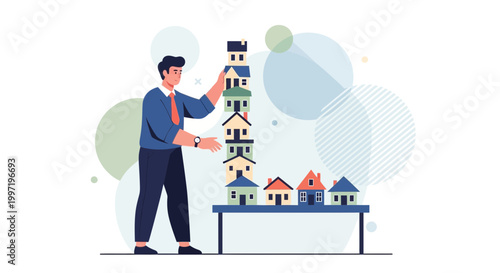 Man Stacking Toy Houses, Real Estate Investment, Property Development Concept