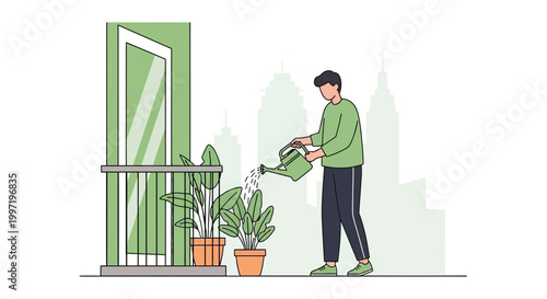 Man watering plants on balcony with city skyline background