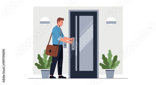 Man with briefcase opening a modern glass door, entering home or office