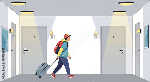 Man with suitcase and backpack walking down hotel corridor towards bright light