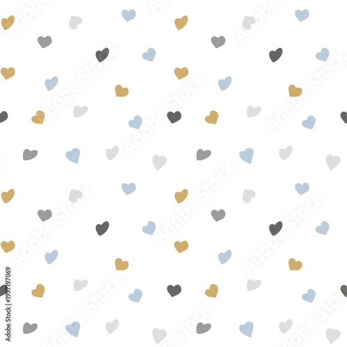 Seamless vector pattern with scattered small hearts in soft pastel tones including dusty blue, warm beige, muted grey, and light lavender on a light neutral background