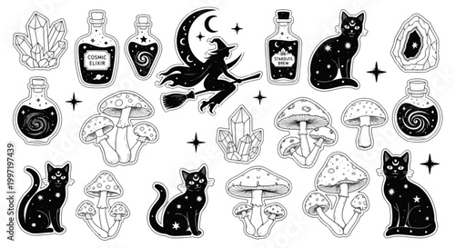 Mystical Witchy Elements Black and White Digital Assets Collection