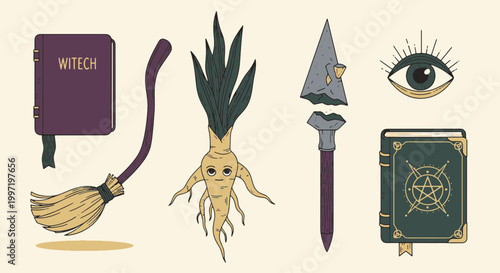 Witchcraft Objects Collection Book Mandrake Broom Eye Spear Symbols