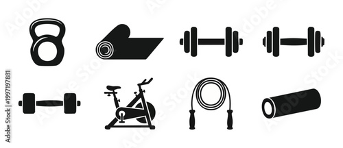 Gym fitness equipment icons set, kettlebell, dumbbell and yoga mat, exercise gear collection, flat black silhouette vector illustration for workout training, health lifestyle and sports branding desig