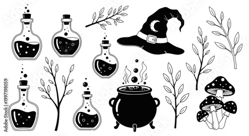 Halloween Witchcraft Objects Collection Black Silhouette Icons