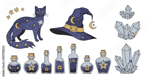 Mystical Cat and Witch Hat with Crystals and Potions Art