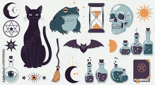 Mystical Halloween Symbols with Black Cat and Witchcraft Elements