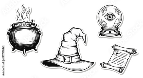 Mystical Objects Drawing Witch Cauldron Hat Crystal Ball Scroll